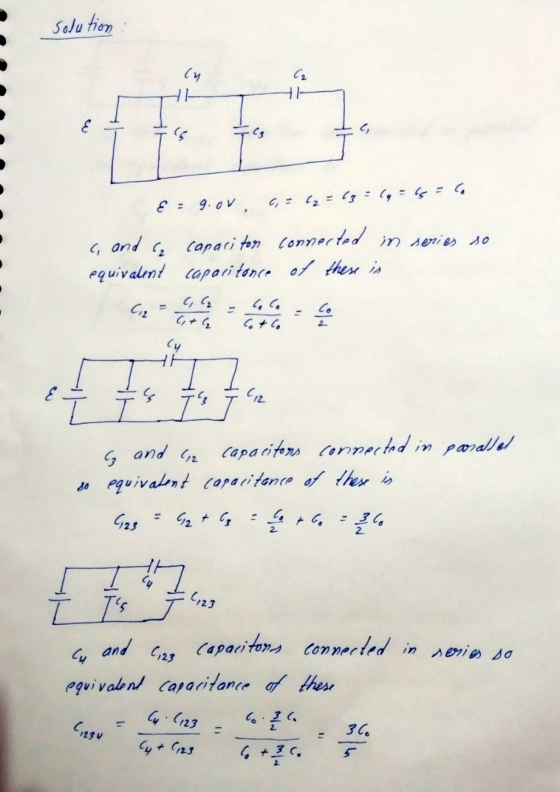 Solu tion E = 9. ov, c,= (2 = (3 = (y = g= C6 c, and c, capari ton Connected in series so equivalen! caparitonce of thess is