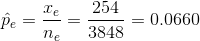 \hat{p}_{e}=\frac{x_{e}}{n_{e}}=\frac{254}{3848}=0.0660