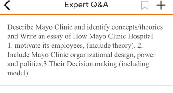 Expert Q&A D + Describe Mayo Clinic and identify concepts/theories and Write an essay of How Mayo Clinic Hospital 1. motivate