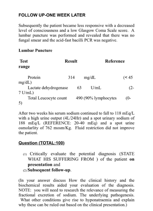 FOLLOW UP-ONE WEEK LATER Subsequently the patient became less responsive with a decreased level of consciousness and a low Gl