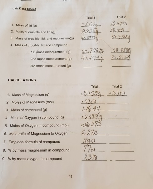 Lab Data Sheet 1. Mass of lid (9) Trial 1 6.66904 39.65269 40.29104 Trial 2 16.4783 38.0139 32.54279 2. Mass of crucible and