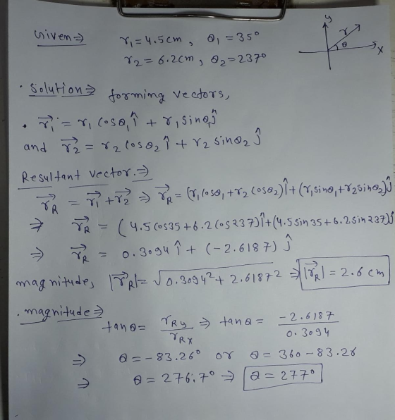 YDF 6.2cm, θ2-2370 Solution forming vectors Re Sul tant vector.→ ヘ on ag nitude, 2 J0.309 42+2,61872: RI=2.6cm , magnitude:) o 3o 91