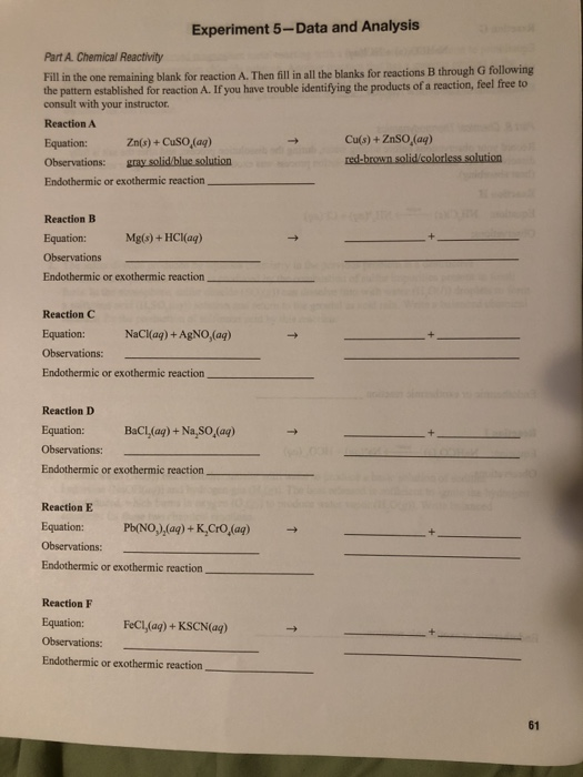 Experiment 5- Data and Analysis Part A. Chemical Reactivity Fill in the one remaining blank for reaction A. Then fill in all