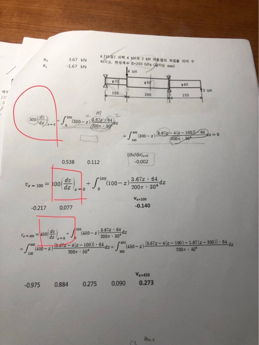 외력 4 kM과 2 ks 탄성계÷ e-200 GPa㈤이는 3.67 kN 쥡의 처킴을 nmi 하되 오. 구 1.67 kN 4 EN 2봬 100 200 150 (12 du 200 39 (300-z) dv/dx) o -0.002