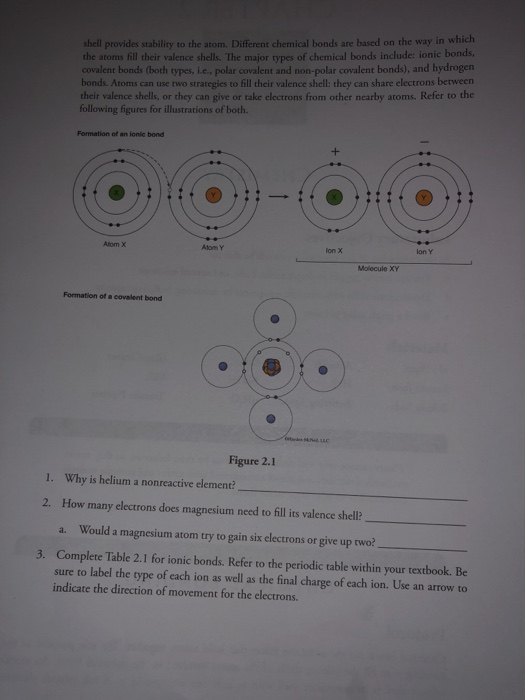 shell provides stability to the atom. Different chemical bonds are based on the way in which the atoms fill their valence she