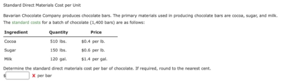 Standard Direct Materials Cost per Unit Bavarian Chocolate Company produces chocolate bars. The primary materials used in pro