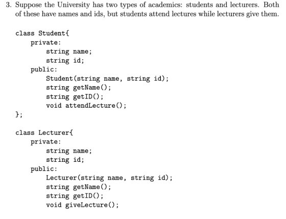 3. Suppose the University has two types of academics: students and lecturers. Both of these have names and ids, but students