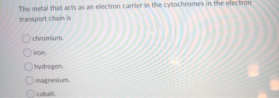 The metal that acts as an electron carrier in the cytochromes in the electron transport chain is Ochromium. O iron. hydrogen.