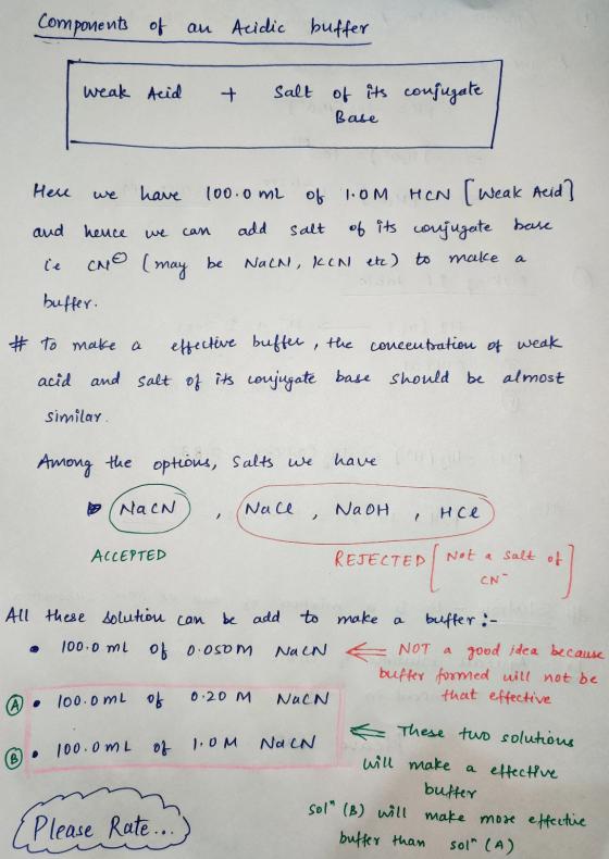 Components of an Acidic buffer weak Acid + salt of its conjugate Base Here we have 100.0m2 of 1.0M HEN [Weak Acid] and hence