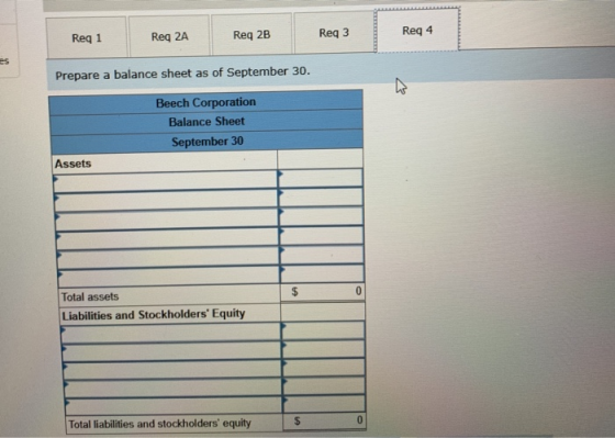 Reg 1 Reg 2A Req2B Req 2B Req3 Req3 Reg 4 Reg4 Prepare a balance sheet as of September 30. Beech Corporation Balance Sheet Se