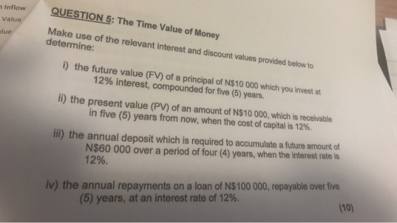 Inflow Value QUESTION 5: The Time Value of Money alue Make use of the relevant interest and discount values provided below to