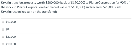 Krystin transfers property worth $200,000 (basis of $190,000) to Pierce Corporation for 90% of the stock in Pierce Corporatio