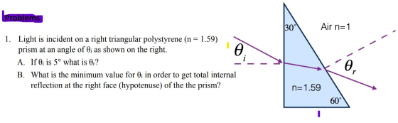 Problems 30° Air n=1 o 1. Light is incident on a right triangular polystyrene (n = 1.59) prism at an angle of 0; as shown on