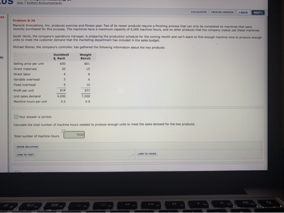 U S Heel System Announcements CALCULATOR PEINT VERSION BACK NEXT Problem 8-26 Marwick Innovations, Inc. produces exercise and