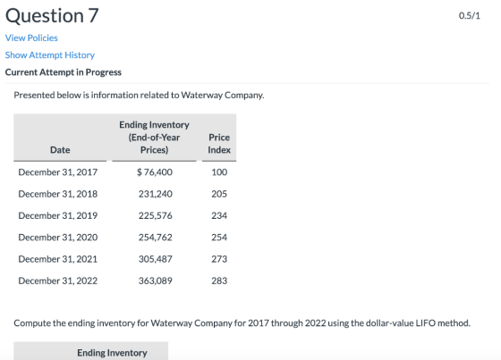 Question 7 0.5/1 View Policies Show Attempt History Current Attempt in Progress Presented below is information related to Wat