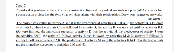 Case-2 Consider that you have an interview in a construction firm and they asked you to develop an (AOA) network for a constr