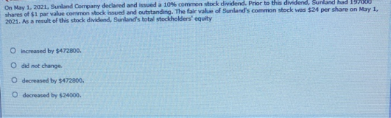 On May 1, 2021, Sunland Company declared and issued a 10% common stock dividend. Prior to this dividend, Sunland had 197000 s