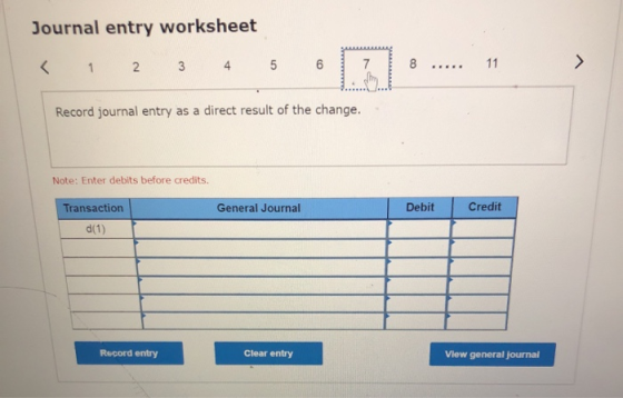 Journal entry worksheet 7 8 5 6 < 4 3 2 1 Record journal entry as a direct result of the change. Note: Enter debits before cr