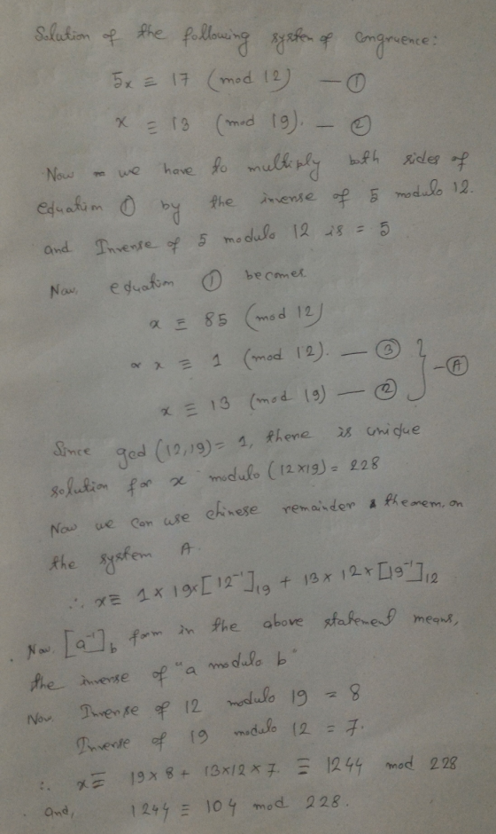 Solution of the following system of congruence: 5x = 17 (mod 12) - Х sides of -Now eduatim o by the and E 13 (mod 19). have t