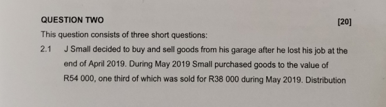 QUESTION TWO [20] This question consists of three short questions: 2.1 J Small decided to buy and sell goods from his garage