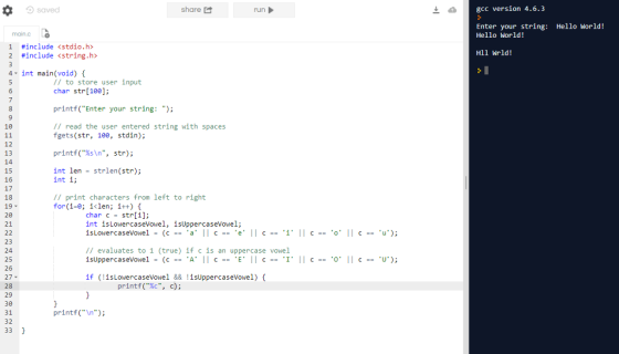 saved share gcc version 4.6.3 1 Enter your string: Hello Nord! Hello World! main.cLO 1 #include <stdio.h> Hll Wrld! #include