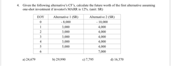 4. Given the following alternatives CFs, calculate the future worth of the first alternative assuming one-shot investment i