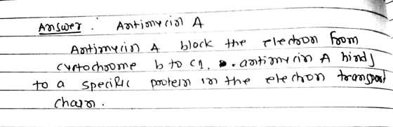 Answer Antiomycin A Antimycin a block the elecbon curto choome b to ca. •. antimycin to a specific pootein in the elechon cha