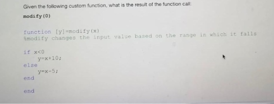 Given the following custom function, what is the result of the function call: modify (0) function [y] =modify (x) Smodify cha