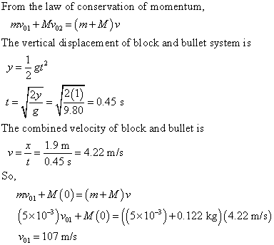 From the law of conservation of momentum The vertical di splacem ent of block and bullet system is gt 2 2-0.45 s g 9.80 The combined velocity of block and bullet is 1.9m422 m/s t 0.45 s So, o+M(0)-(m+M)v (5x10)o+M ( Vo 107 m/s (5x10)+0.122 kg)(422 m/s)