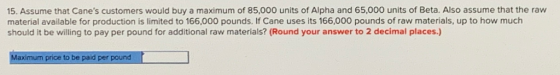 15. Assume that Canes customers would buy a maximum of 85,000 units of Alpha and 65,000 units of Beta. Also assume that the