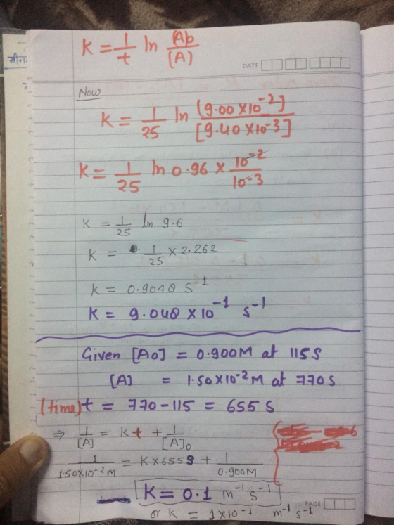 K= In A DATE TI T IT Now In 19.00 X104) [9.40x10 3] S K= zs 10-96 x K = 0 1 x 2.262 K = 0.9048 S-1 K = 9.000 8 10 15 Given [A
