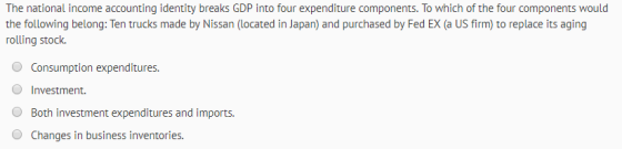The national income accounting identity breaks GDP into four expenditure components. To which of the four components would th