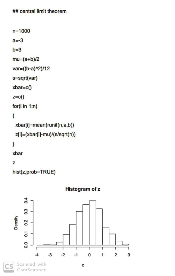 ## central limit theorem n=1000 a=-3 b=3 mu=(a+b)/2 var=((b-a)^2)/12 s=sqrt(var) xbar=c() Z=c() for(i in 1:n) xbar[i]=mean(ru