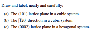 Draw and label, neatly and carefully (a) The (101) lattice plane in a cubic system (b) The 120 direction in a cubic system (c) The (0002) lattice plane in a hexagonal system.