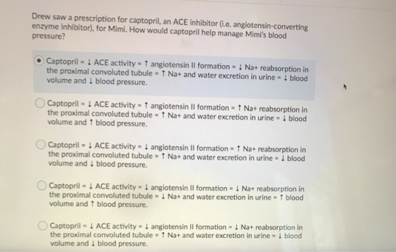 Drew saw a prescription for captopril, an ACE inhibitor (i.e. angiotensin-converting enzyme inhibitor), for Mimi. How would c