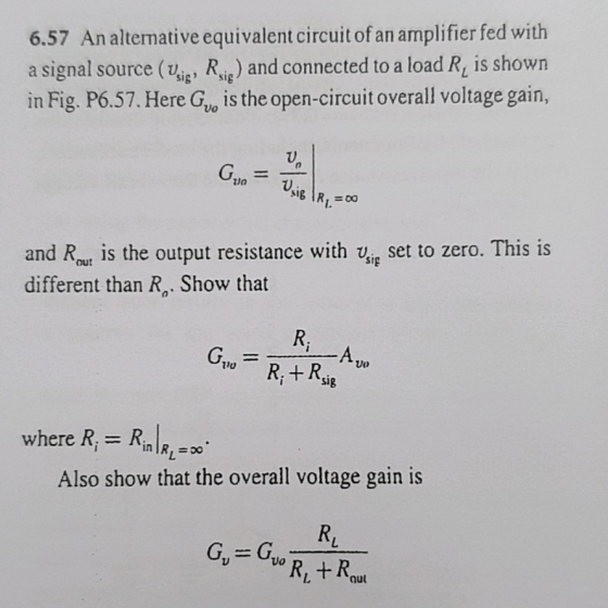 6.57 An alternative equivalent circuit of an amplifier fed with a signal source (Urie, Ric) and connected to a load R, is sho