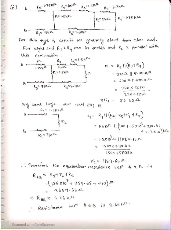 (i) A R = 1.75KSL R = 100.5 Rr=1I5K2 Ry = 3.3k &R=1.5K R=22012 Reg1.75K2 www Mmmm MM B R3= 7500 R = 3.3ks For this type of ci