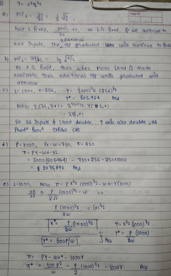a) Page No Y = xul2 MP x = 24 = t J 4 , keep L fixed, aMPx co as his fixed & we continue to. additional add inputs, the olp p