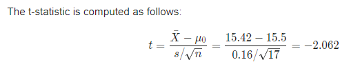The t-statistic is computed as follows: * - HO t= 15.42 – 15.5 0.16/17 : -2.062 s/n