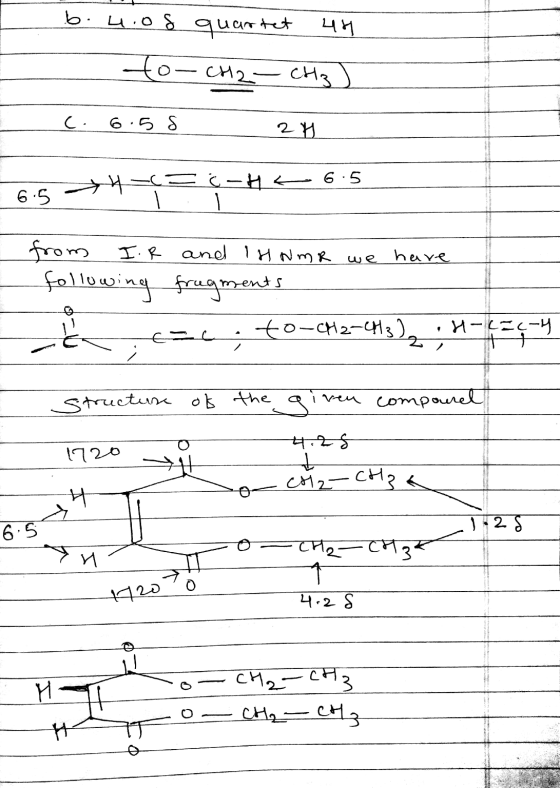 b.u.o8 quartet 44 -to- CH2- CHI) ____८. 6.58 21 ___ _CCC-11-65 from I.R following and IH NMR we have fragments -, 0-42-413),