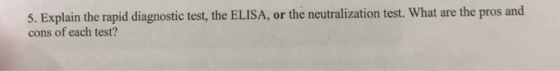 5. Explain the rapid diagnostic test, the ELISA, or the neutralization test. What are the pros and cons of each test?