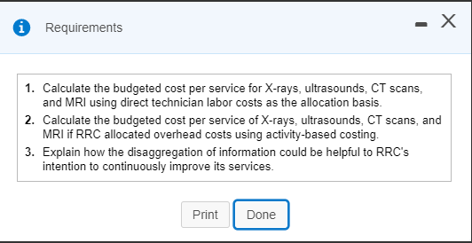 0 Requirements 1. Calculate the budgeted cost per service for X-rays, ultrasounds, CT scans, and MRI using direct technician