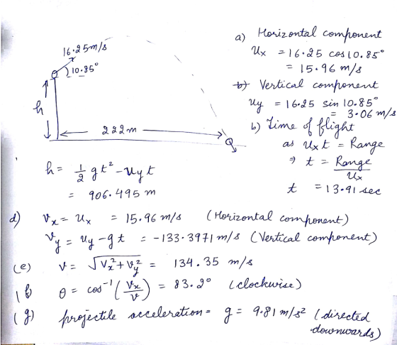 a) anizendal component z 1 6.86 ces 10.85° 15.96 m/s lo.85 0 y1645 sin 10.85 U> 906. 495 m estle arleretiom