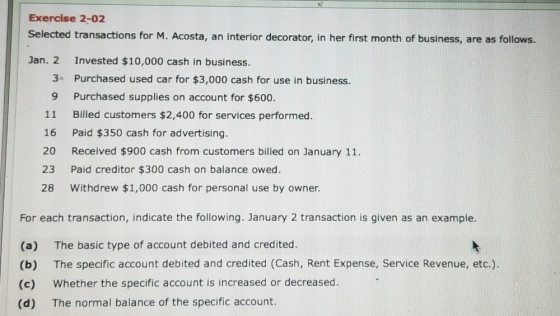 Exercise 2-02 Selected transactions for M. Acosta, an interior decorator, in her first month of business, are as follows. Jan
