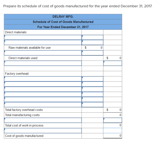 Prepare its schedule of cost of goods manufactured for the year ended December 31, 2017 DELRAY MFG. Schedule of Cost of Goods