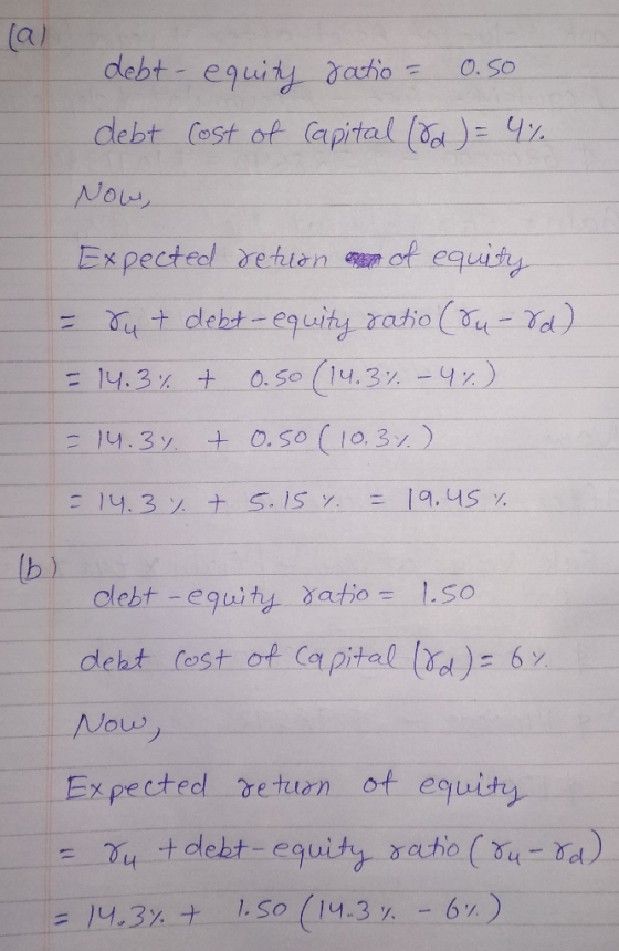 (a) debt - equity ratio = 0.50 debt cost of capital (&d) = 4% Now, Expected retuon enpr of equity = Sut debt-equity ratio (8u