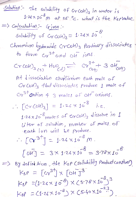 to form ar 37 ions 3+ cr + 3 Cug OH CU9) can) دوم solution - The solubility of cr col)in water is 1.26 x 108m at 25°c. what