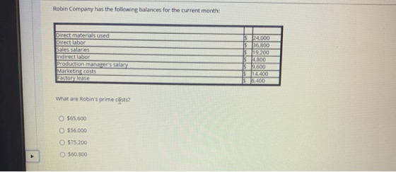 Robin Company has the following balances for the current month: Direct materials used Direct labor Sales salaries Indirect la