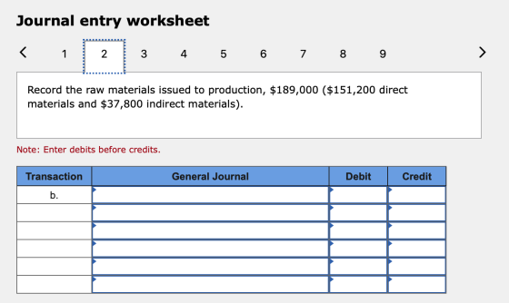 Journal entry worksheet < 1 2 3 4 5 6 7 8 9 Record the raw materials issued to production, $189,000 ($151,200 direct material