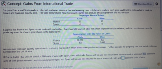 % Concept: Gains From International Trade E Question Help Suppose France and Spain produce only cloth and wine. Assume that e